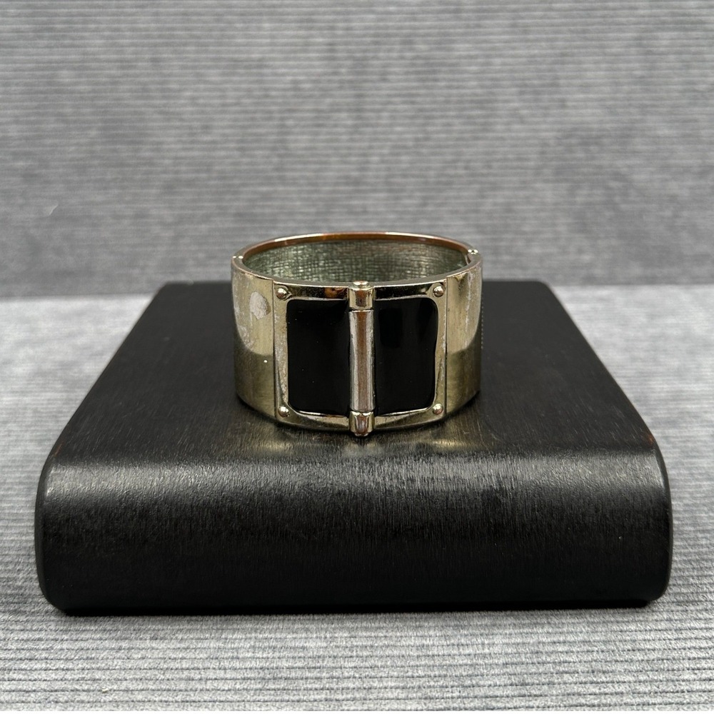 Vintage Gold Tone Black Enamel Wide Hinged Cuff Bracelet Statement Jewelry